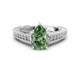 White gold Fancy Green Pear Cut Cut Pave Band Milgrain Solitaire Ring