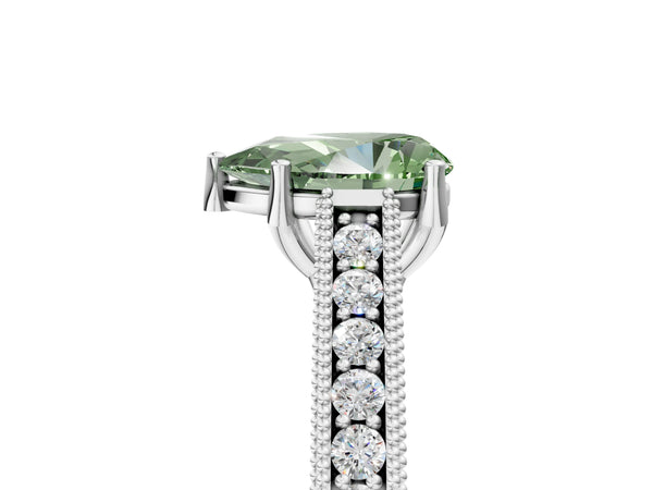 Platinum Fancy Green Pear Cut Cut Pave Band Milgrain Solitaire Ring
