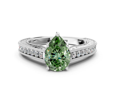 White gold Fancy Green Pear Cut Cut Pave Band Milgrain Solitaire Ring
