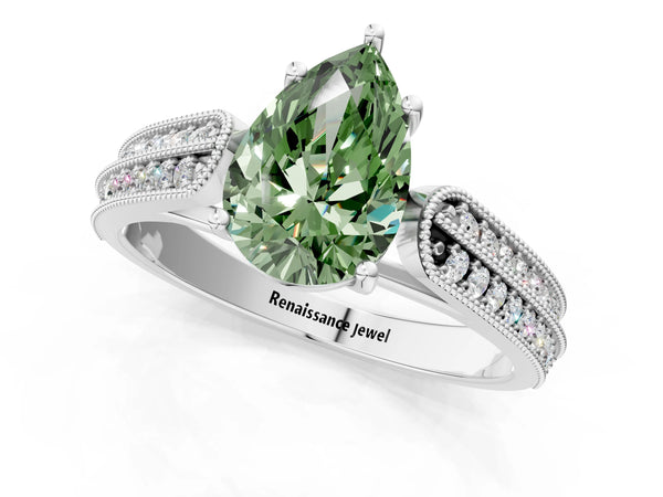 Platinum Fancy Green Pear Cut Cut Pave Split Shank Engagement Ring with Four-Prong Setting