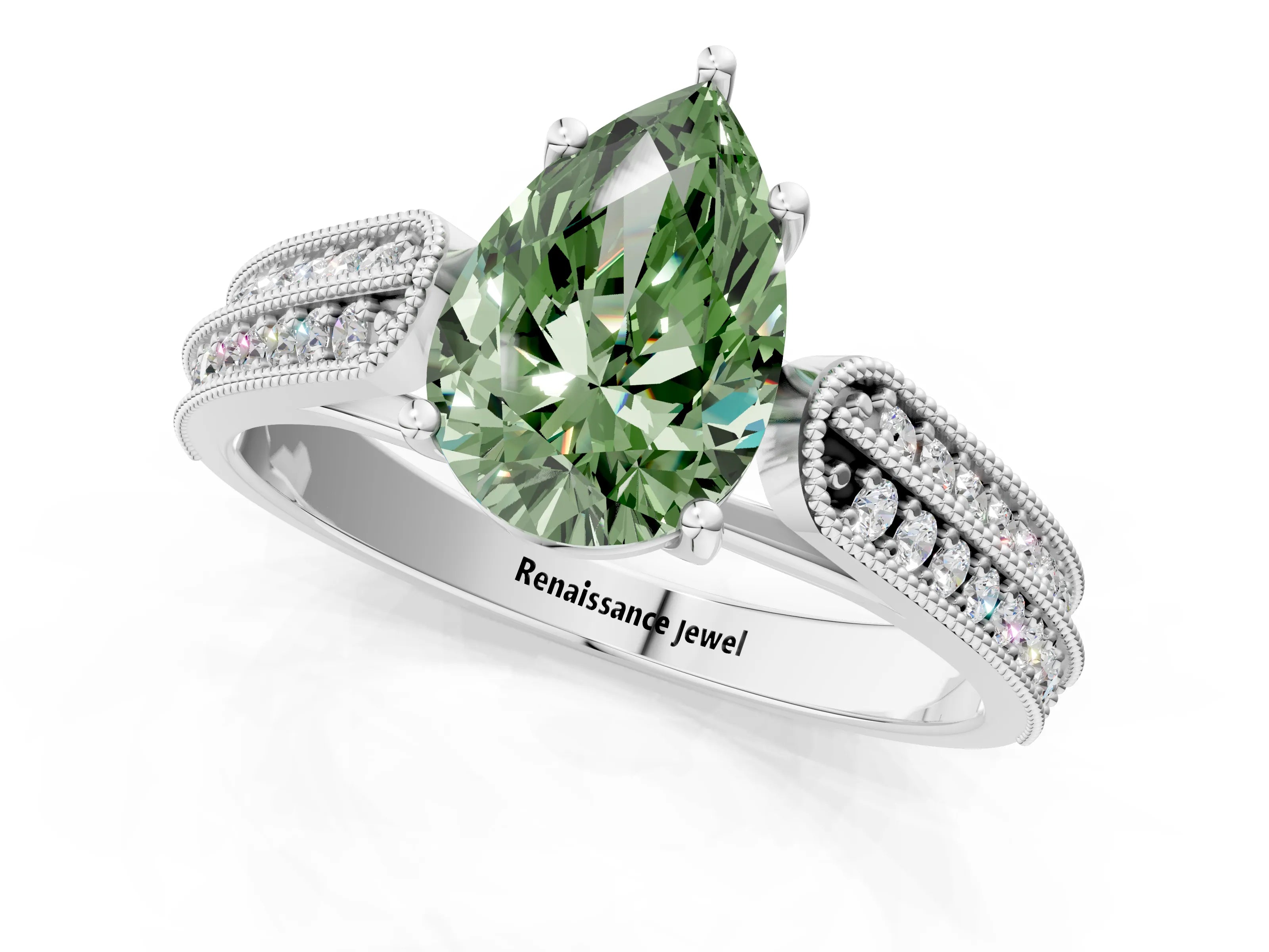 White gold Fancy Green Pear Cut Cut Pave Split Shank Engagement Ring with Four-Prong Setting_13