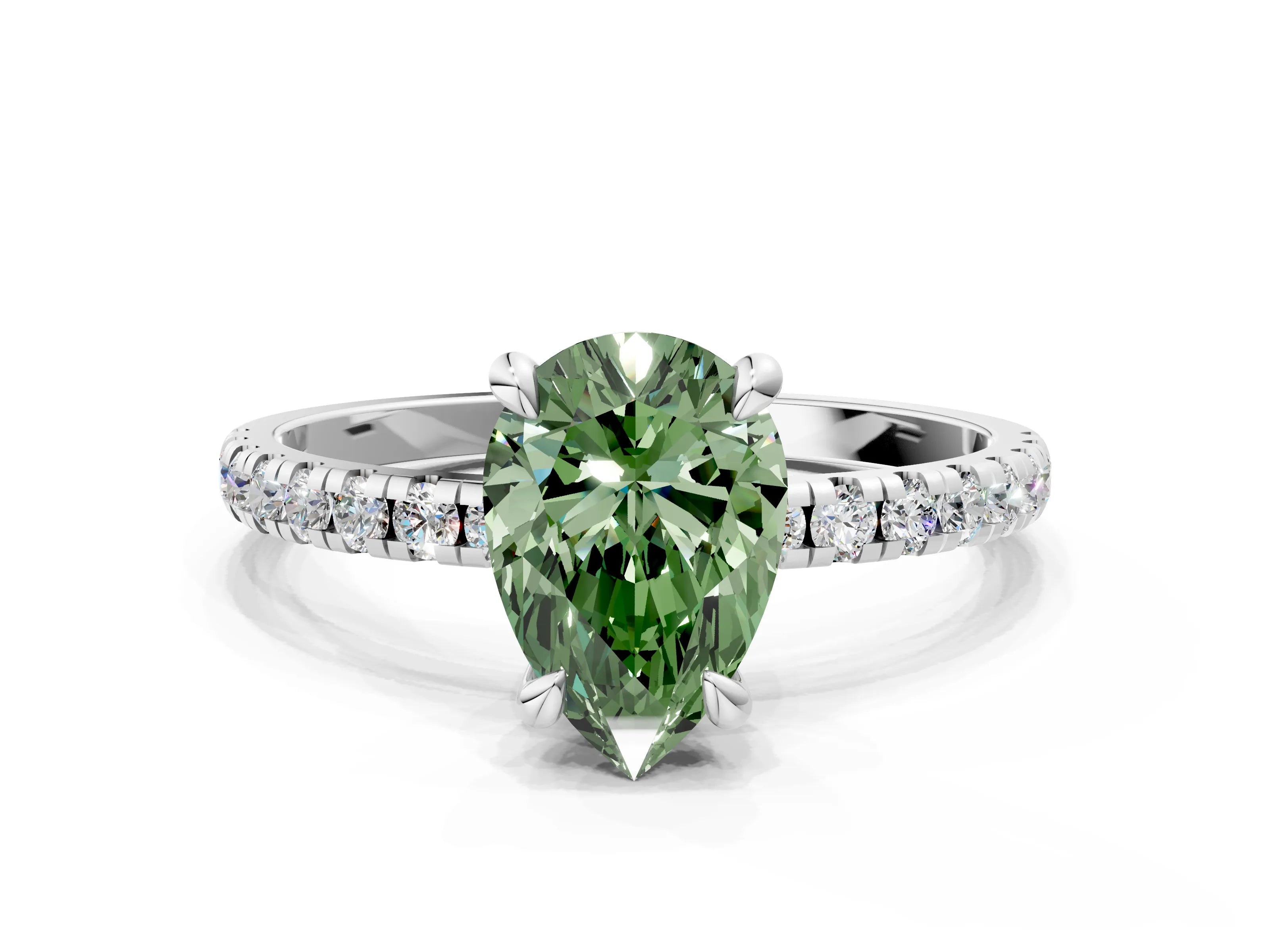 White gold Fancy Green Pear Cut Diamond Brilliant Solitaire Ring with Pavé Band and Four-Prong Setting