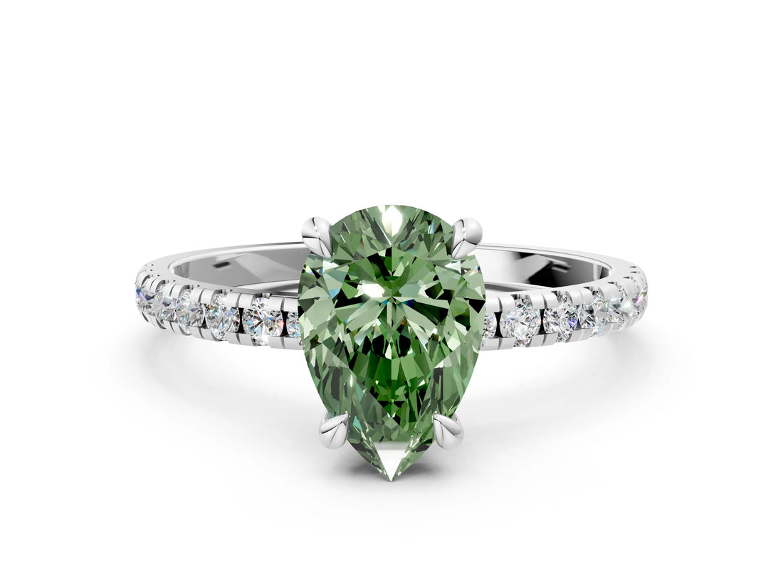 White gold Fancy Green Pear Cut Diamond Brilliant Solitaire Ring with Pavé Band and Four-Prong Setting_12