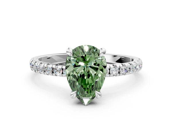 White gold Fancy Green Pear Cut Diamond Brilliant Solitaire Ring with Pavé Band and Four-Prong Setting