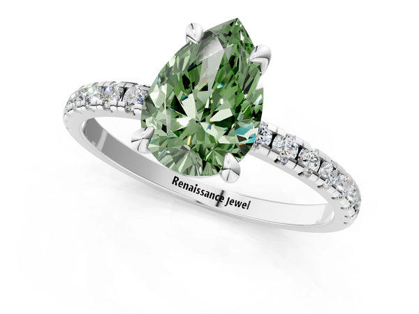 White gold Fancy Green Pear Cut Diamond Brilliant Solitaire Ring with Pavé Band and Four-Prong Setting