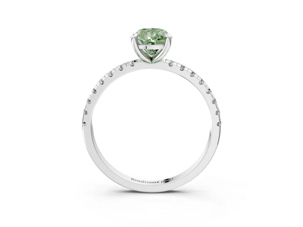 White gold Fancy Green Pear Cut Diamond Brilliant Solitaire Ring with Pavé Band and Four-Prong Setting