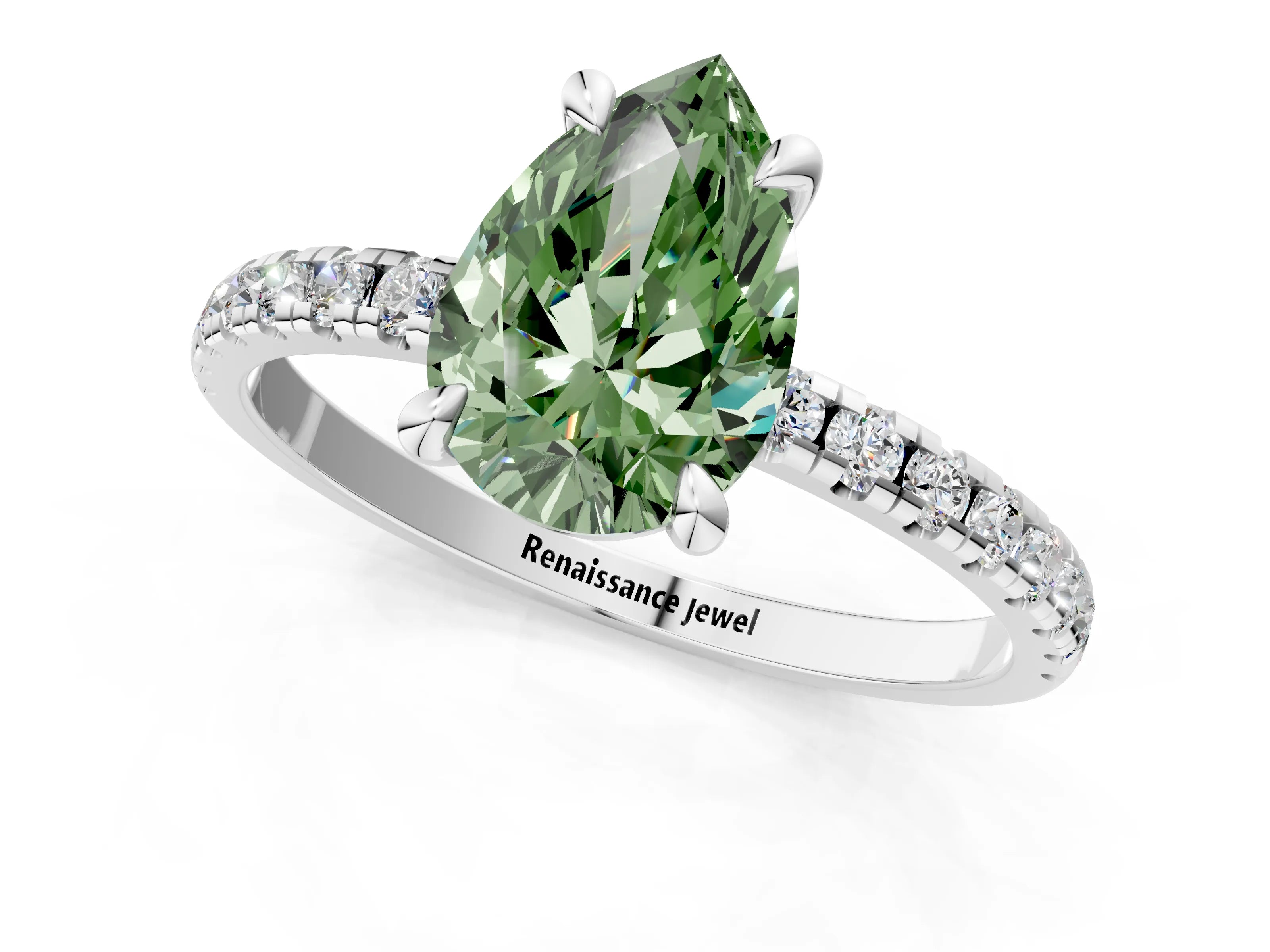 White gold Fancy Green Pear Cut Diamond Brilliant Solitaire Ring with Pavé Band and Four-Prong Setting_1