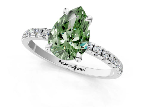 White gold Fancy Green Pear Cut Diamond Brilliant Solitaire Ring with Pavé Band and Four-Prong Setting_1