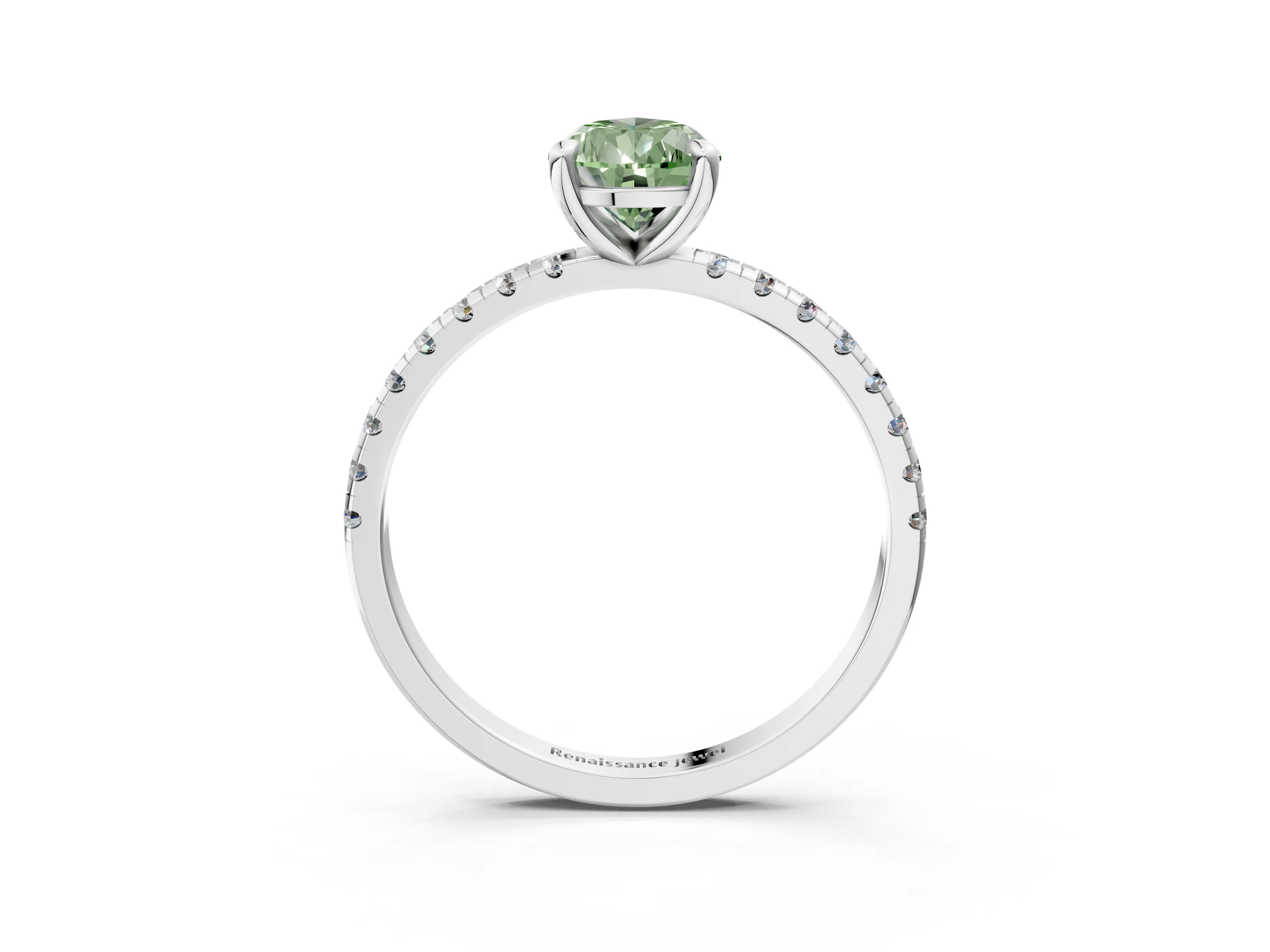 White gold Fancy Green Pear Cut Diamond Brilliant Solitaire Ring with Pavé Band and Four-Prong Setting_3