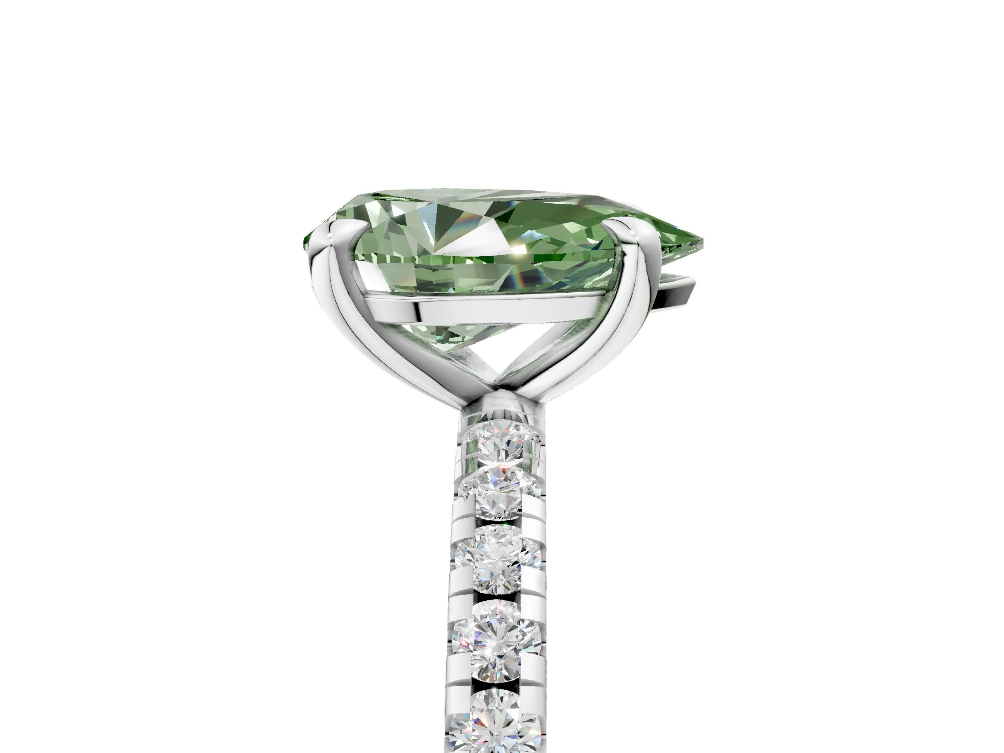 White gold Fancy Green Pear Cut Diamond Brilliant Solitaire Ring with Pavé Band and Four-Prong Setting_5