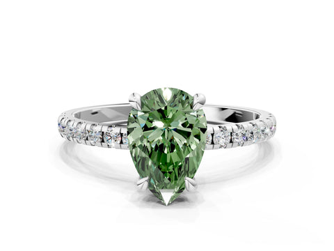 White gold Fancy Green Pear Cut Diamond Brilliant Solitaire Ring with Pavé Band and Four-Prong Setting