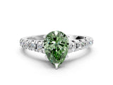 White gold Fancy Green Pear Cut Diamond Cathedral Solitaire Ring with Round  Pavé Band_296