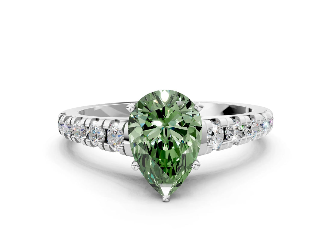 White gold Fancy Green Pear Cut Diamond Cathedral Solitaire Ring with Round  Pavé Band_305