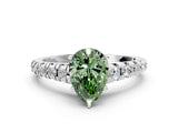 White gold Fancy Green Pear Cut Diamond Cathedral Solitaire Ring with Round  Pavé Band_305