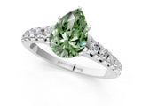 White gold Fancy Green Pear Cut Diamond Cathedral Solitaire Ring with Round  Pavé Band_318