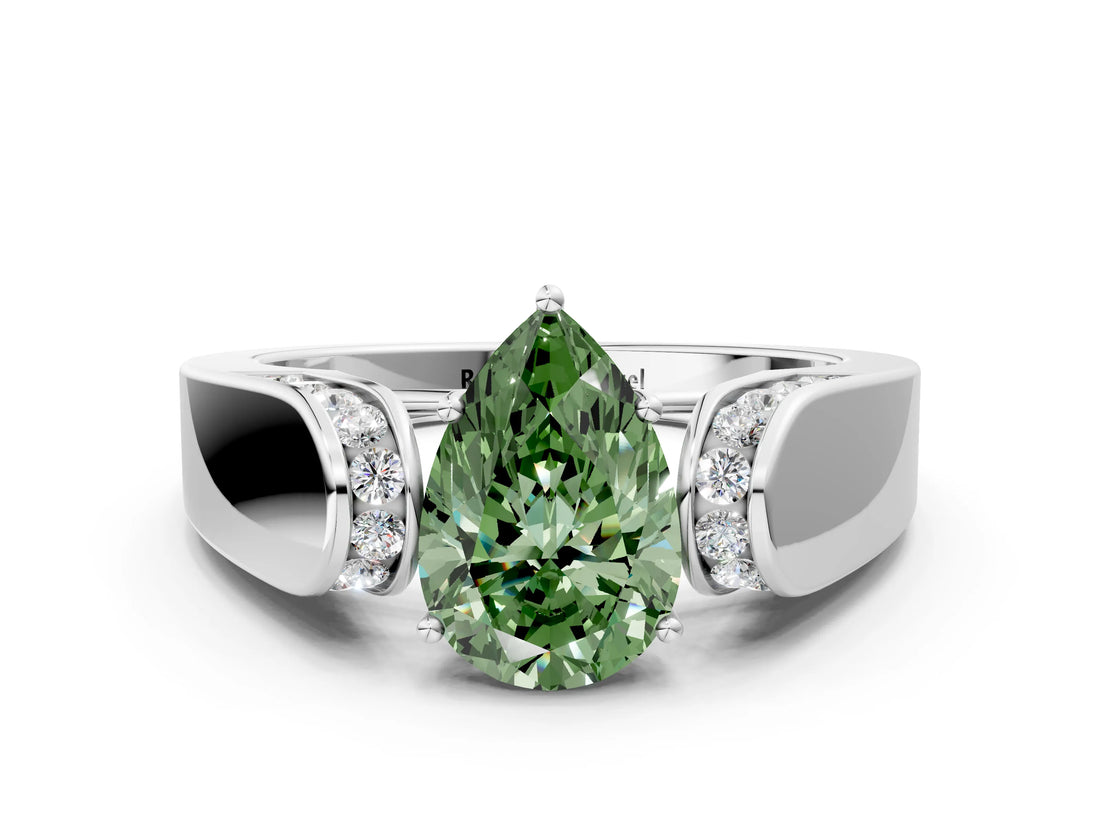 White gold Fancy Green Pear Cut Diamond Channel Set Solitaire Ring with Four-Prong Setting_56