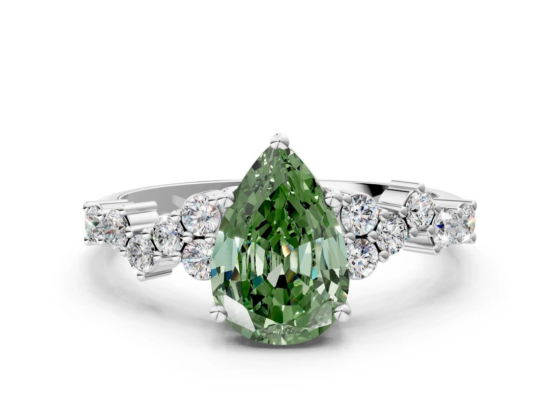 White gold Fancy Green Pear Cut Diamond Cluster Pavé Band with Four-Prong Setting_12