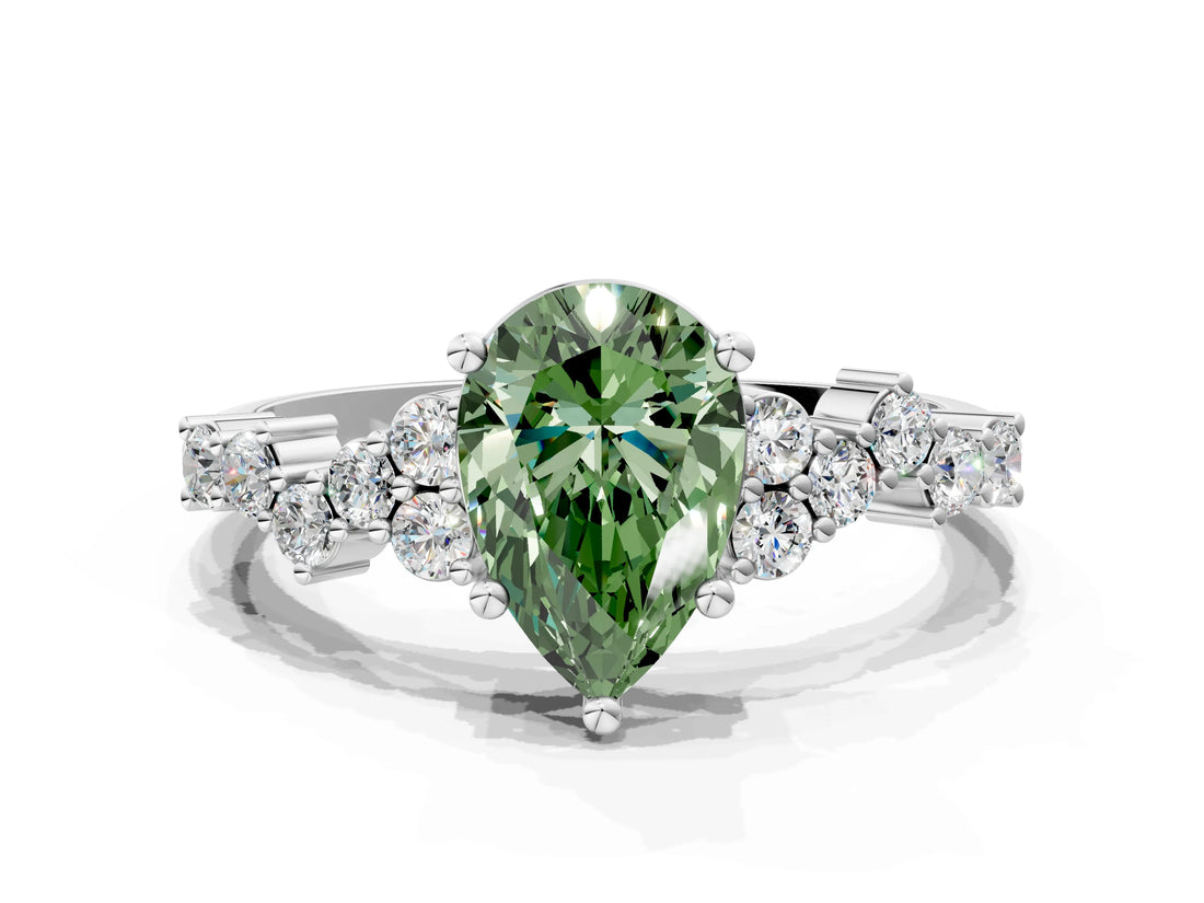 White gold Fancy Green Pear Cut Diamond Cluster Pavé Band with Four-Prong Setting_3