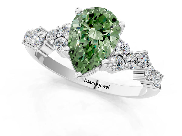 Platinum Fancy Green Pear Cut Diamond Cluster Pavé Band with Four-Prong Setting