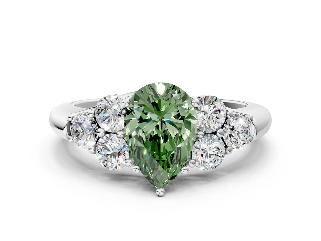 White gold Fancy Green Pear  Cut Diamond Cluster Ring with Round Accent Stones and Prong Setting on a Classic Band_51