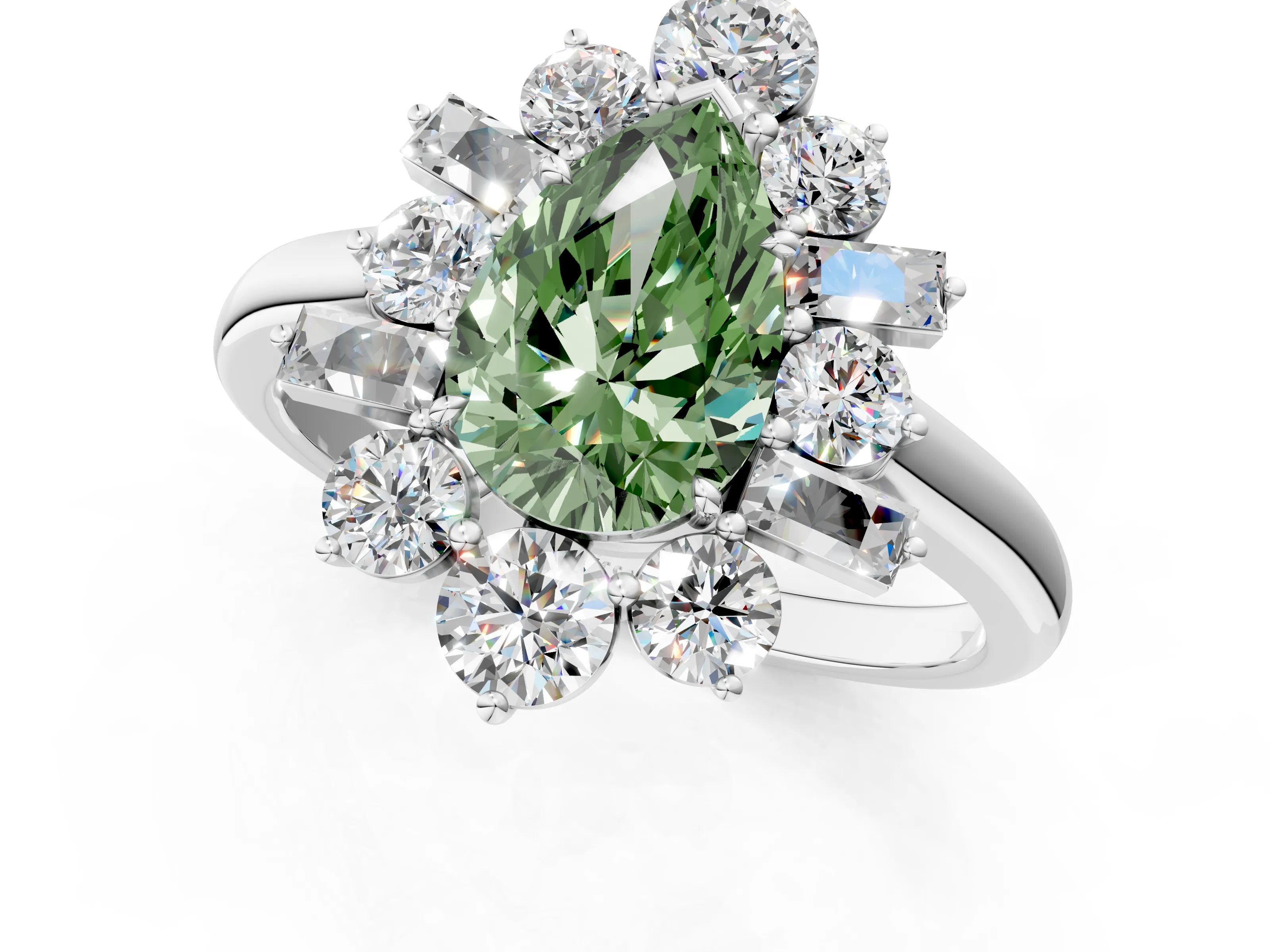 White gold Fancy Green Pear Cut Diamond Cluster Ring with Round and Baguette Stones, Split Shank Band, Prong Setting_1