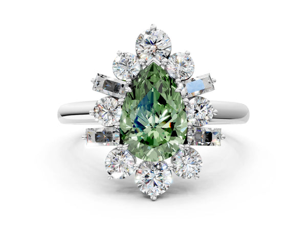 White gold Fancy Green Pear Cut Diamond Cluster Ring with Round and Baguette Stones, Split Shank Band, Prong Setting