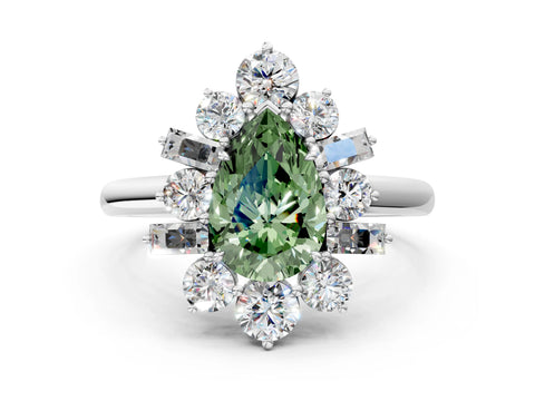 White gold Fancy Green Pear Cut Diamond Cluster Ring with Round and Baguette Stones, Split Shank Band, Prong Setting_12