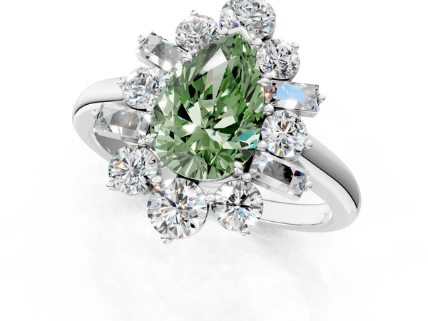 White gold Fancy Green Pear Cut Diamond Cluster Ring with Round and Baguette Stones, Split Shank Band, Prong Setting