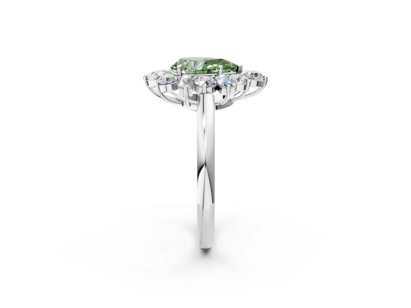 White gold Fancy Green Pear Cut Diamond Cluster Ring with Round and Baguette Stones, Split Shank Band, Prong Setting