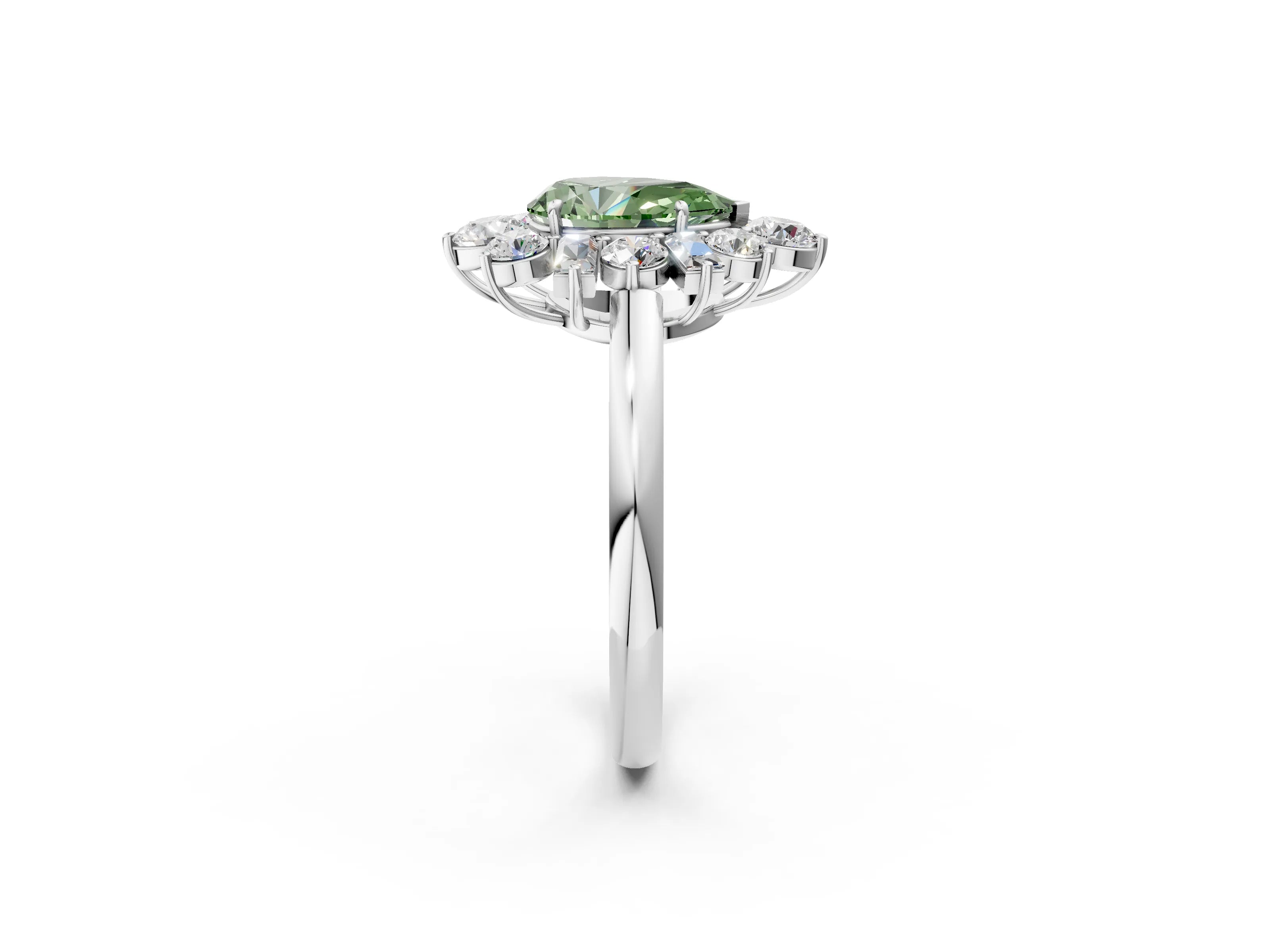 White gold Fancy Green Pear Cut Diamond Cluster Ring with Round and Baguette Stones, Split Shank Band, Prong Setting_14