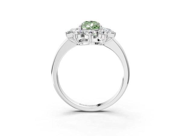 White gold Fancy Green Pear Cut Diamond Cluster Ring with Round and Baguette Stones, Split Shank Band, Prong Setting