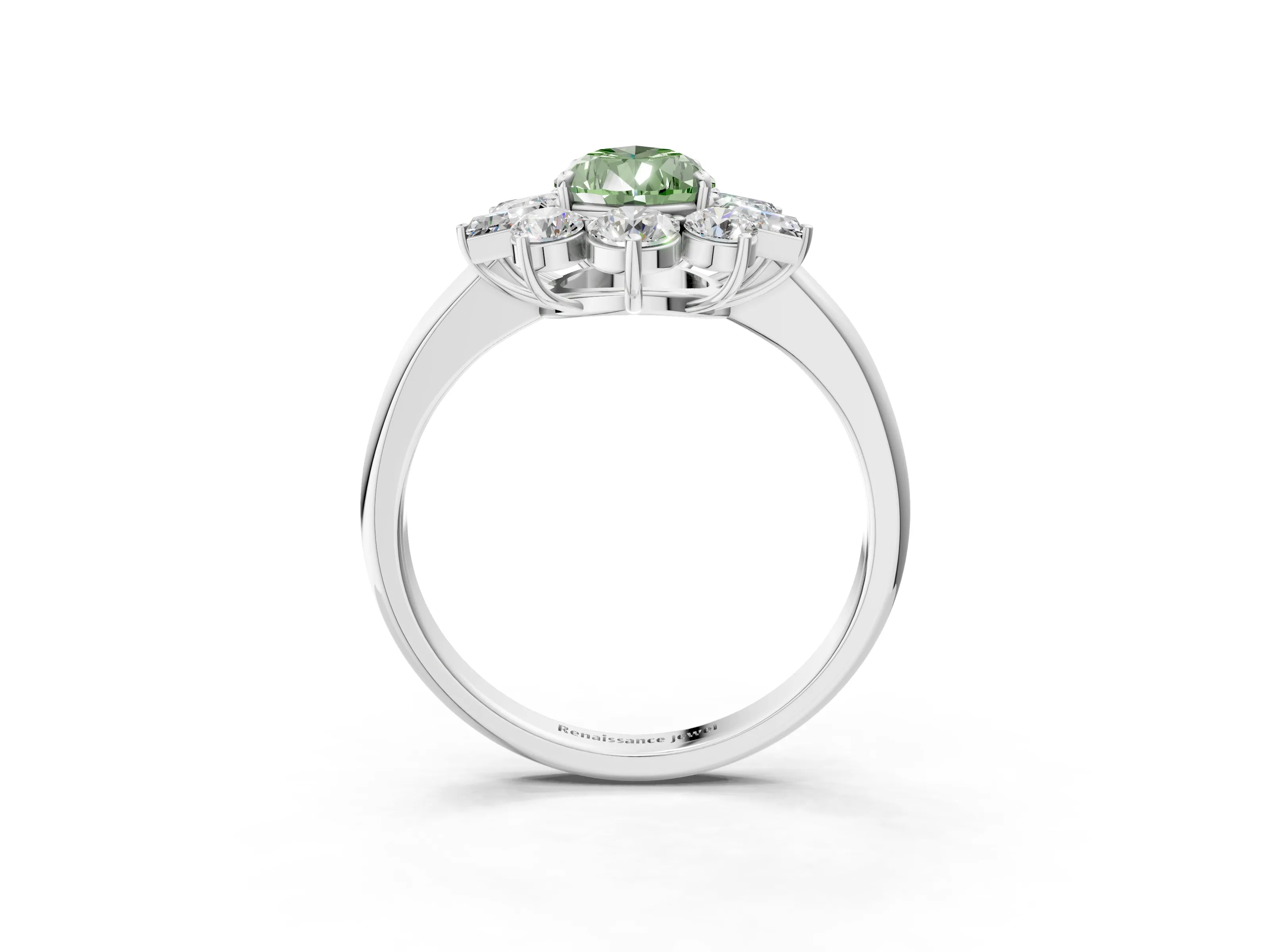 White gold Fancy Green Pear Cut Diamond Cluster Ring with Round and Baguette Stones, Split Shank Band, Prong Setting_15