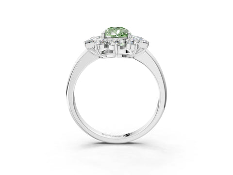 White gold Fancy Green Pear Cut Diamond Cluster Ring with Round and Baguette Stones, Split Shank Band, Prong Setting_15