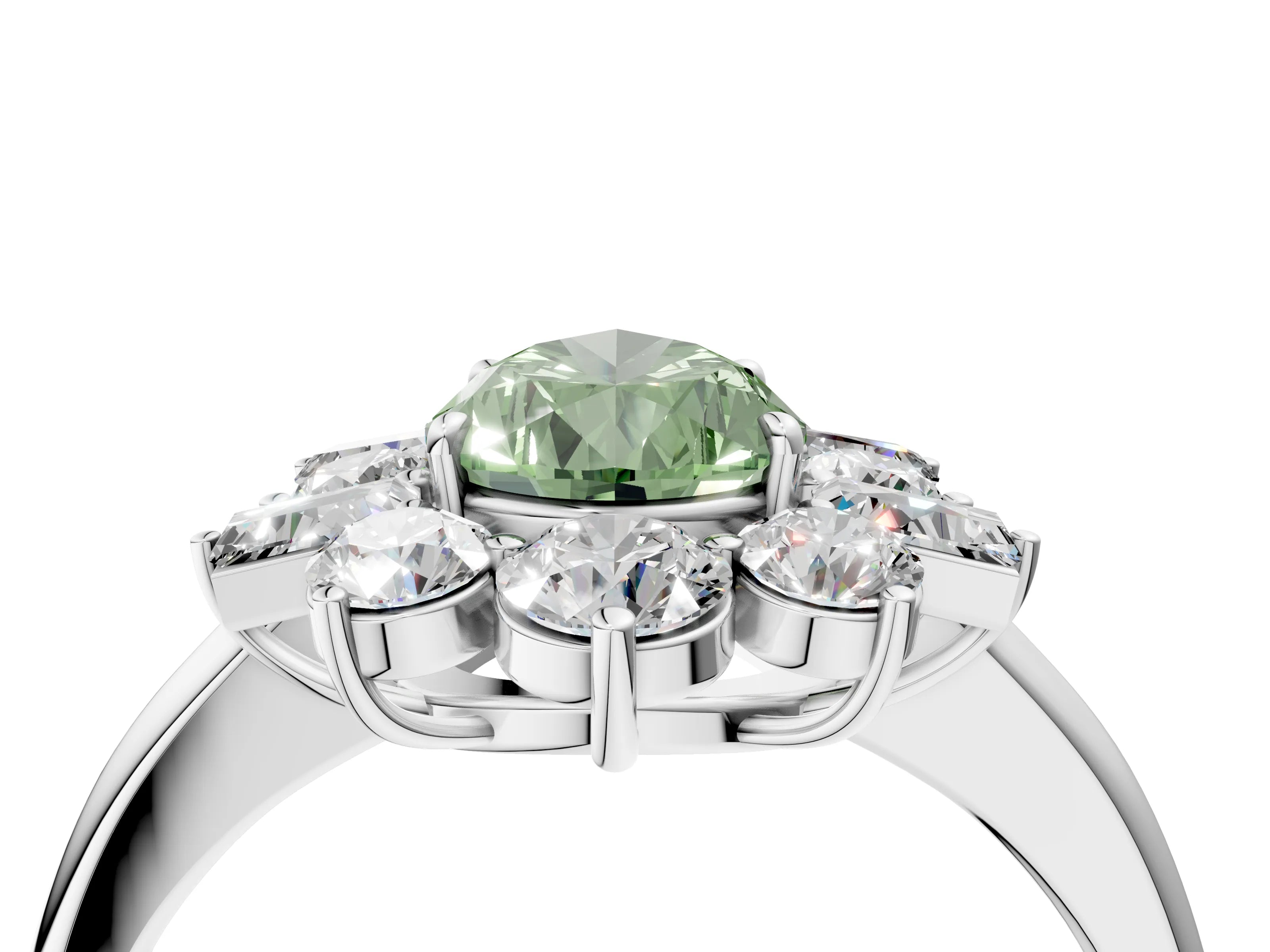 White gold Fancy Green Pear Cut Diamond Cluster Ring with Round and Baguette Stones, Split Shank Band, Prong Setting_16
