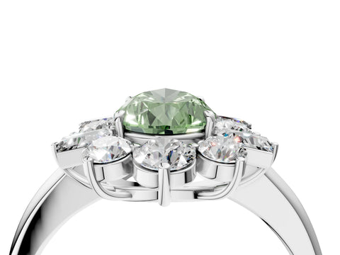 White gold Fancy Green Pear Cut Diamond Cluster Ring with Round and Baguette Stones, Split Shank Band, Prong Setting_16