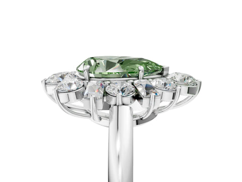 White gold Fancy Green Pear Cut Diamond Cluster Ring with Round and Baguette Stones, Split Shank Band, Prong Setting_17