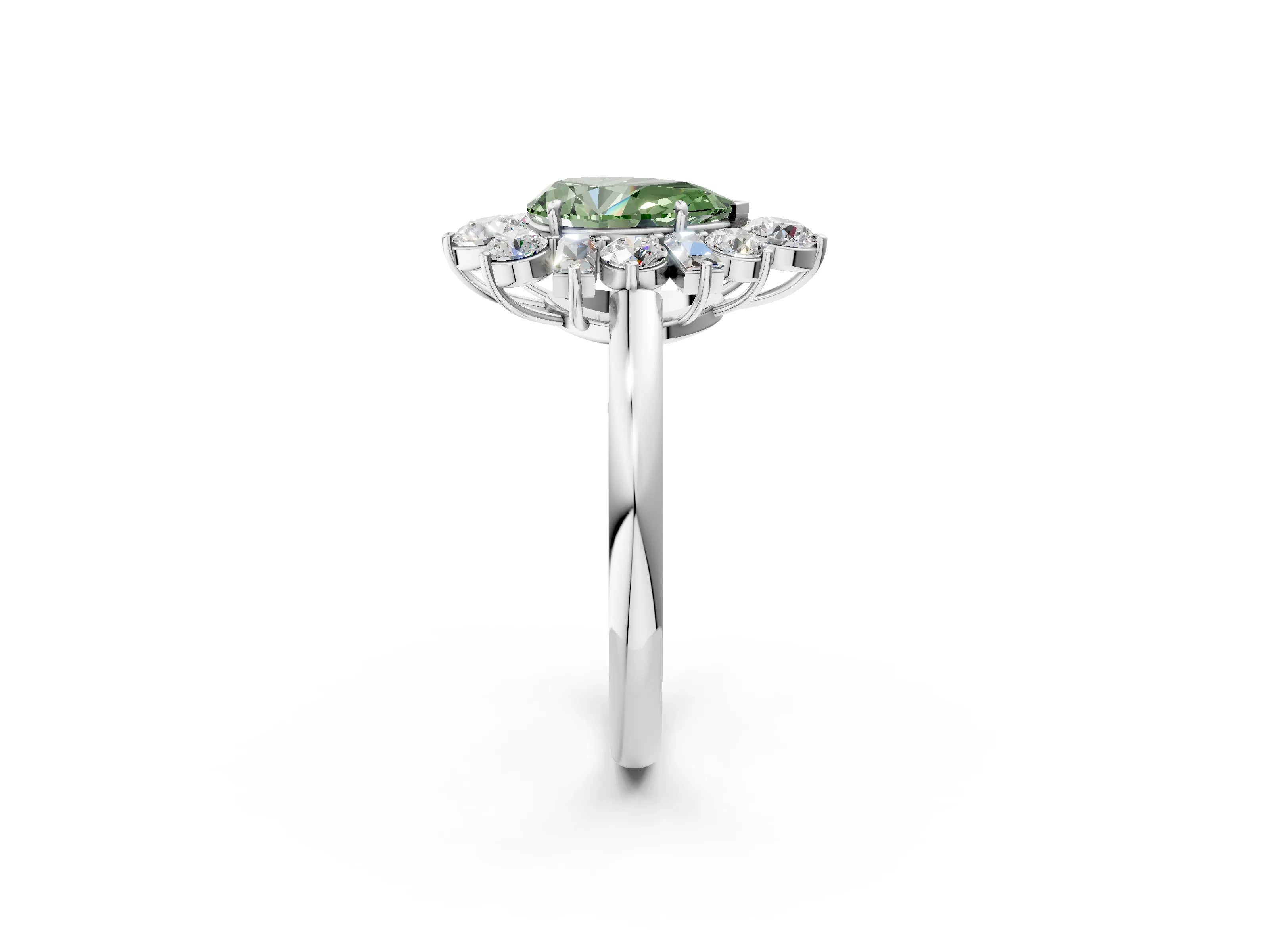 White gold Fancy Green Pear Cut Diamond Cluster Ring with Round and Baguette Stones, Split Shank Band, Prong Setting_2