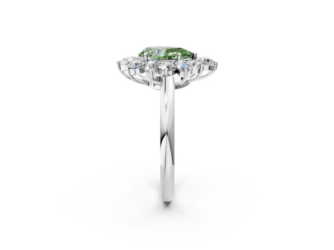 White gold Fancy Green Pear Cut Diamond Cluster Ring with Round and Baguette Stones, Split Shank Band, Prong Setting_2