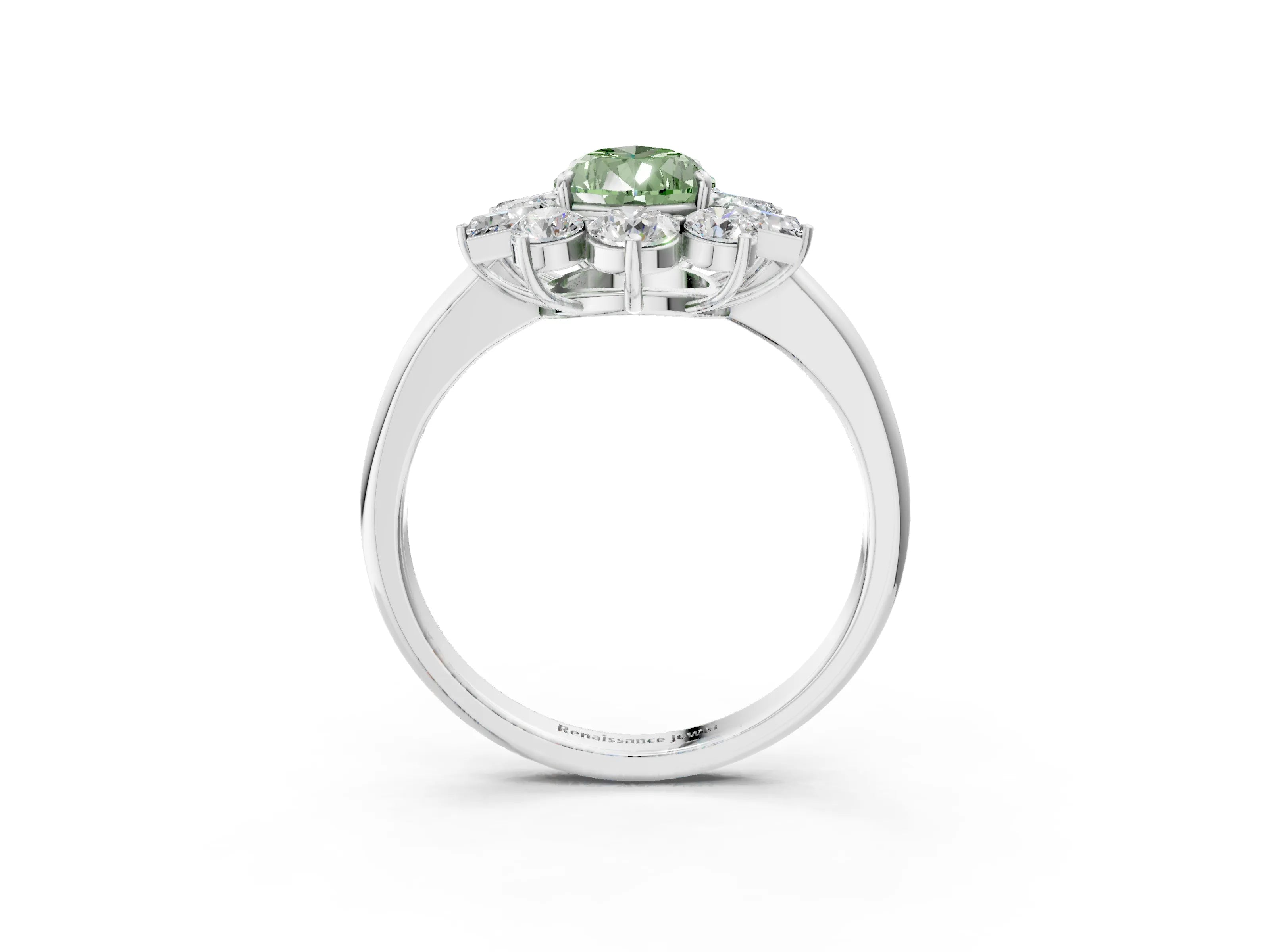 White gold Fancy Green Pear Cut Diamond Cluster Ring with Round and Baguette Stones, Split Shank Band, Prong Setting_3