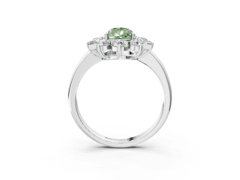 White gold Fancy Green Pear Cut Diamond Cluster Ring with Round and Baguette Stones, Split Shank Band, Prong Setting_3