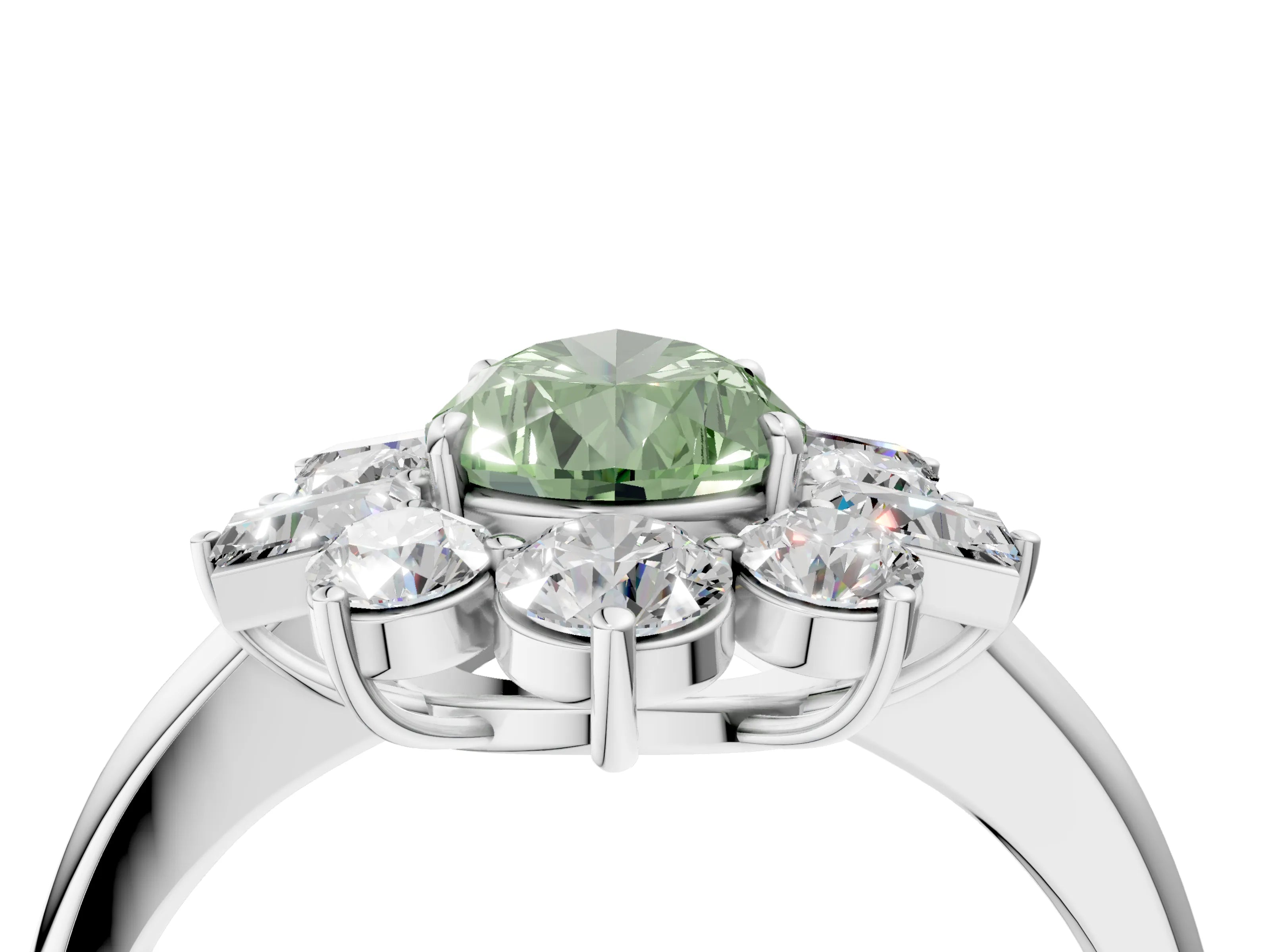 White gold Fancy Green Pear Cut Diamond Cluster Ring with Round and Baguette Stones, Split Shank Band, Prong Setting_4