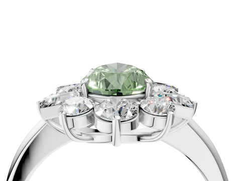 White gold Fancy Green Pear Cut Diamond Cluster Ring with Round and Baguette Stones, Split Shank Band, Prong Setting_4
