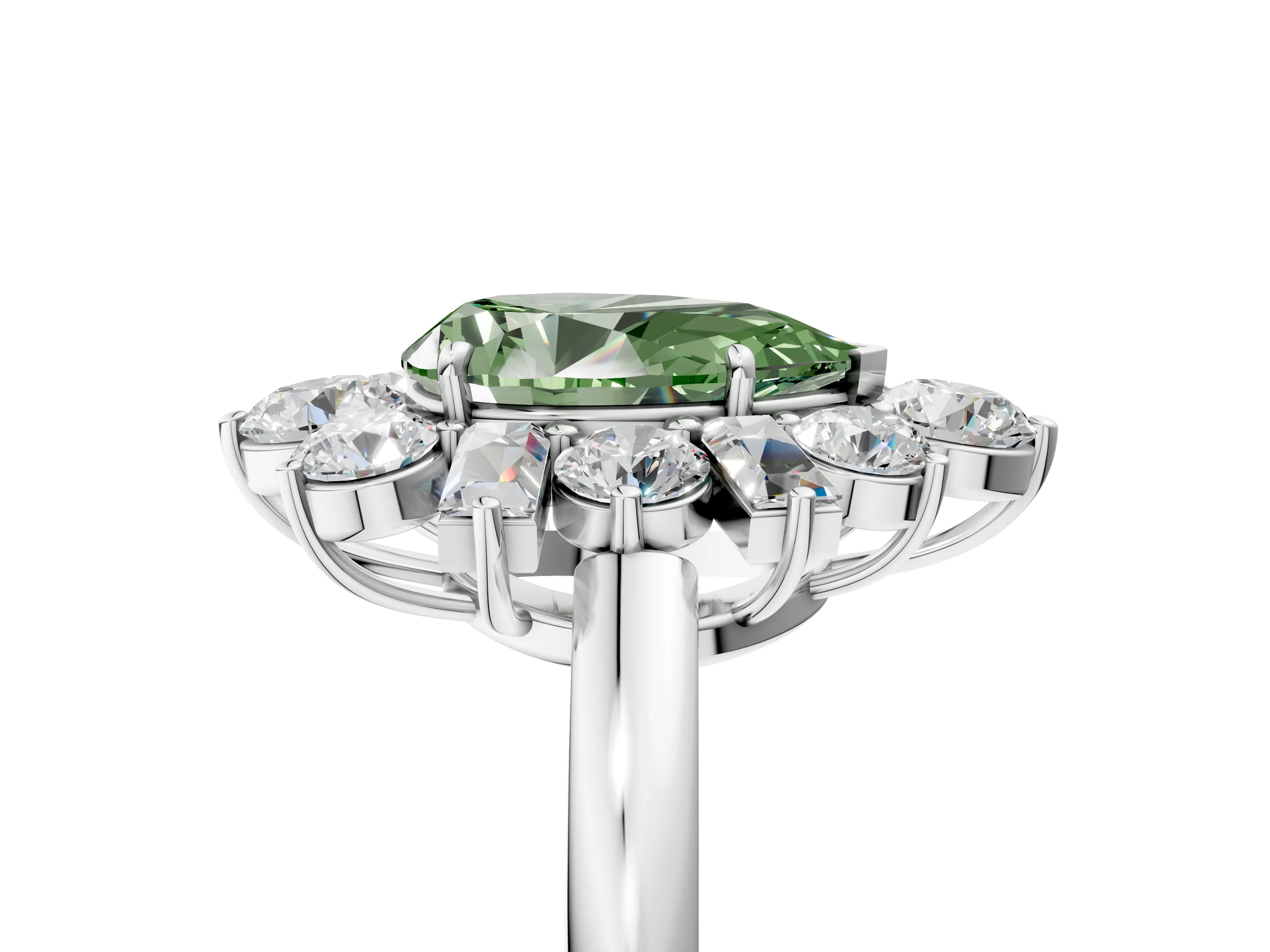 White gold Fancy Green Pear Cut Diamond Cluster Ring with Round and Baguette Stones, Split Shank Band, Prong Setting_5