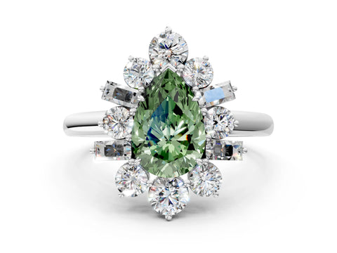 White gold Fancy Green Pear Cut Diamond Cluster Ring with Round and Baguette Stones, Split Shank Band, Prong Setting