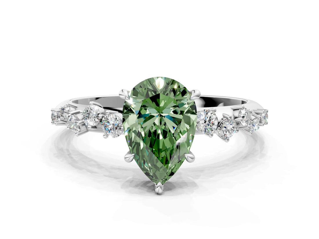 White gold Fancy Green Pear Cut Diamond Cluster Side Stone Solitaire Ring with Prong Setting_90