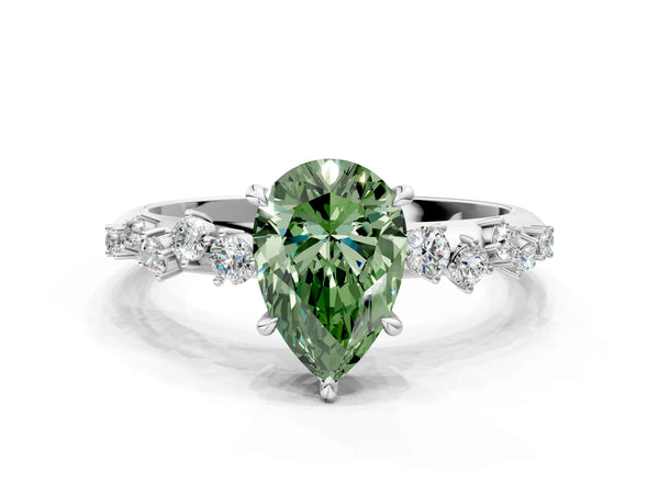 White Gold Pear-Shaped Graduated Cluster Engagement Ring Setting for Fancy Green Center