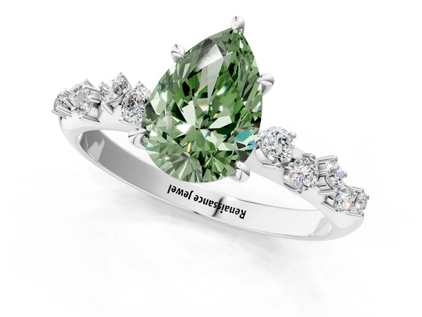White Gold Pear-Shaped Graduated Cluster Engagement Ring Setting for Fancy Green Center