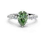 White gold Fancy Green Pear Cut Diamond Cluster Side Stone Solitaire Ring with Prong Setting_93