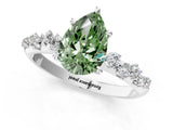 White gold Fancy Green Pear Cut Diamond Cluster Side Stone Solitaire Ring with Prong Setting_95