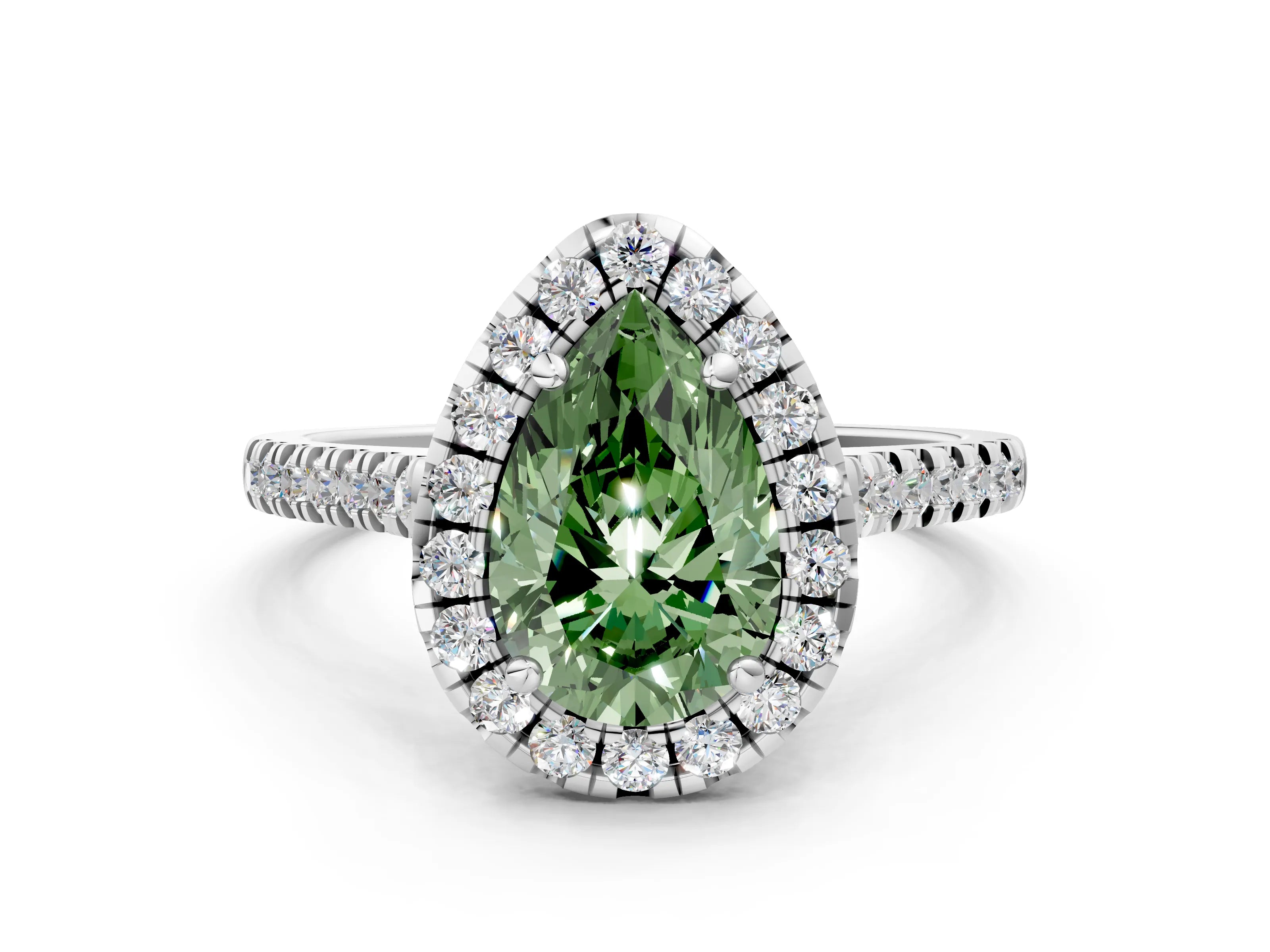 White gold Fancy Green Pear Cut Diamond Cushion Halo Ring with Pavé Band